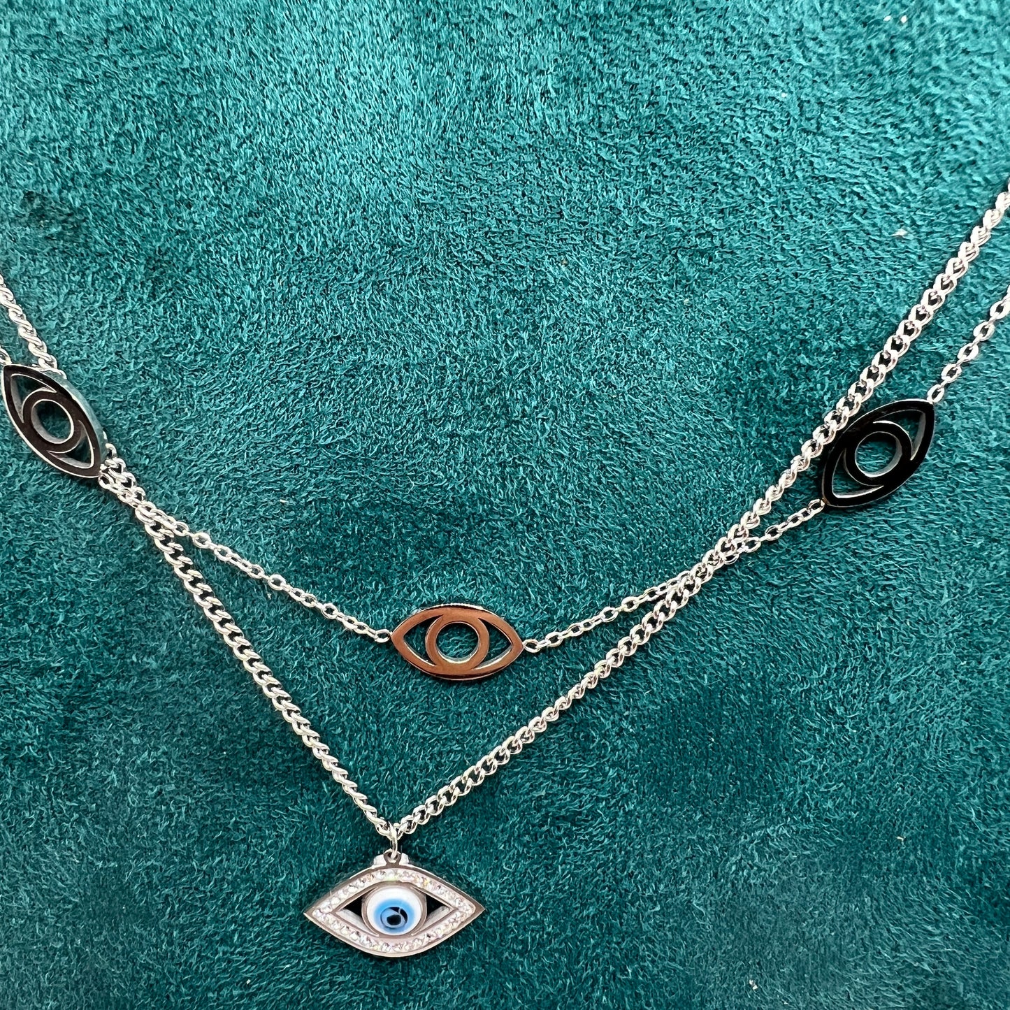 Evil eye double chain silver necklace