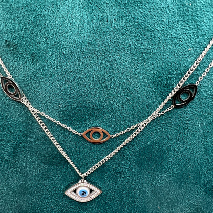 Evil eye double chain silver necklace