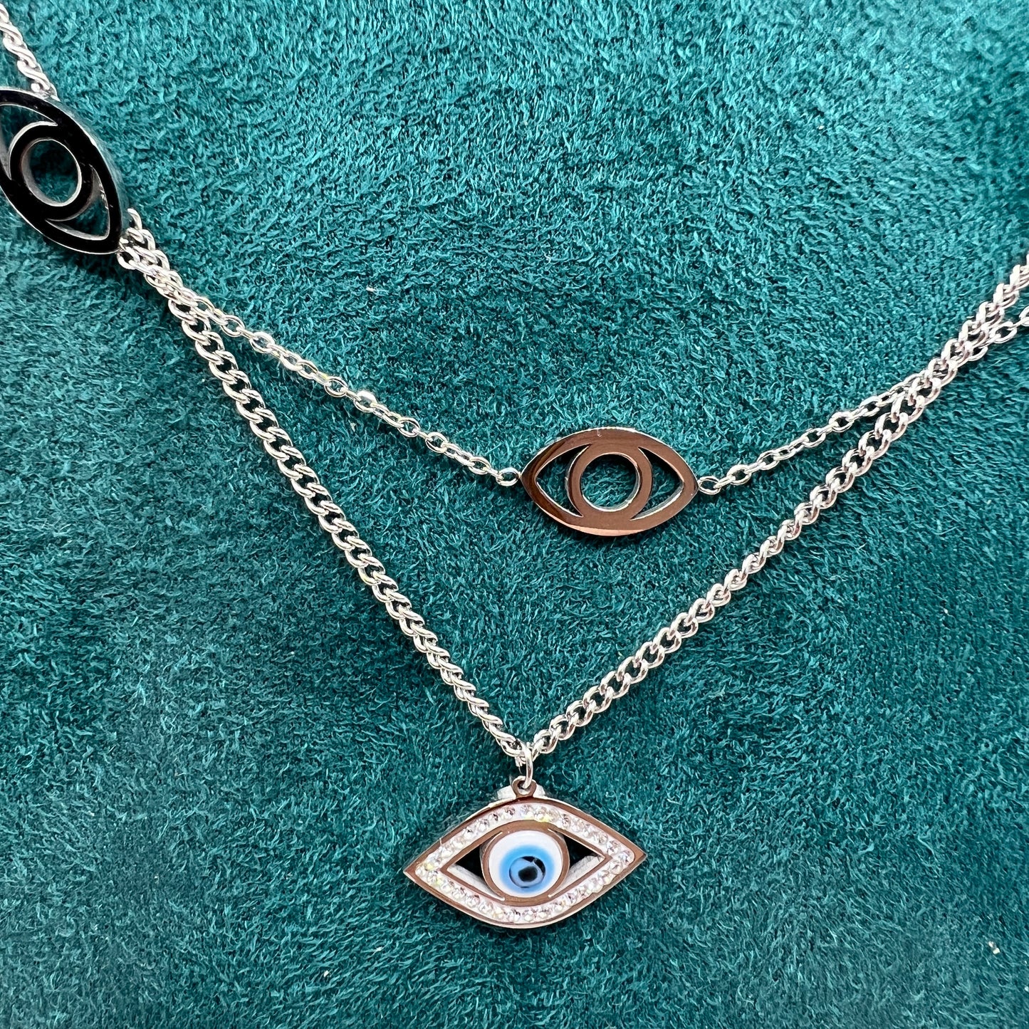 Evil eye double chain silver necklace