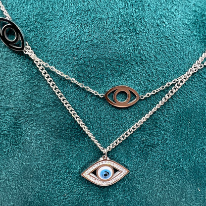 Evil eye double chain silver necklace