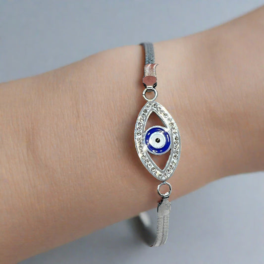 Evil eye adjustable silver bracelet